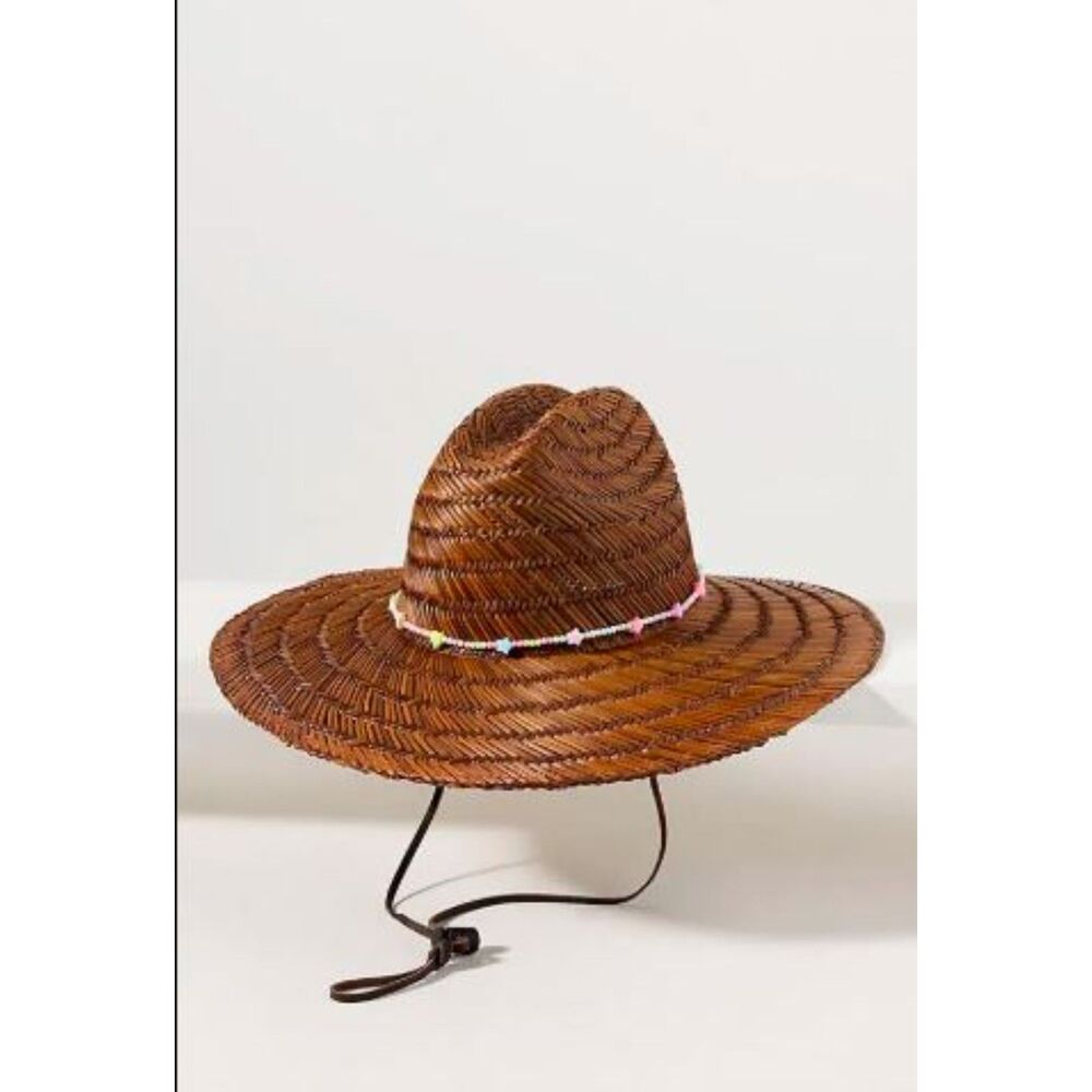 Anthropologie Brown Woven Straw Wide-Brim Hat with Multicolor Bead Trim